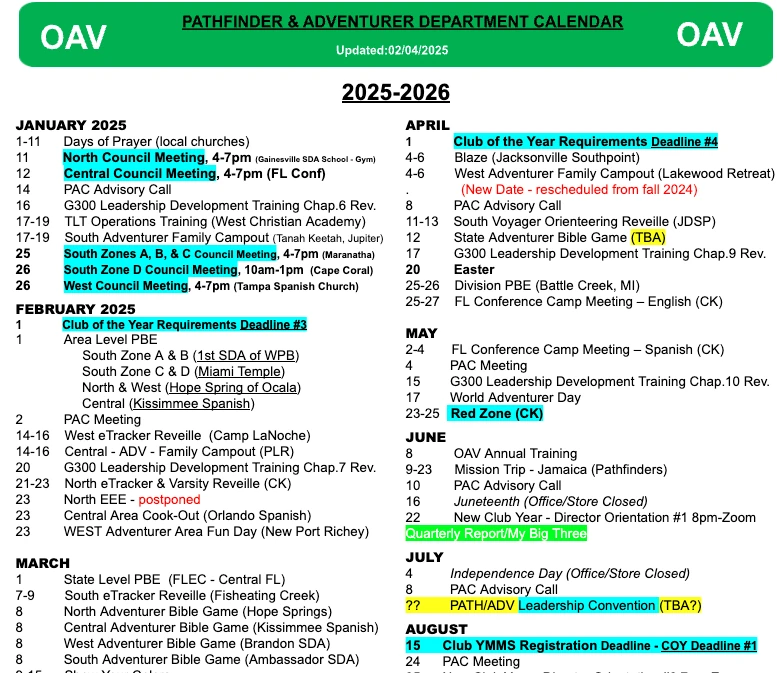 Pathfinder & Adventurer Calendar 2025–2026